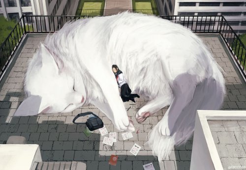 Японский иллюстратор изображает мир, в котором рядом с людьми живут гигантские животные (36 фото)